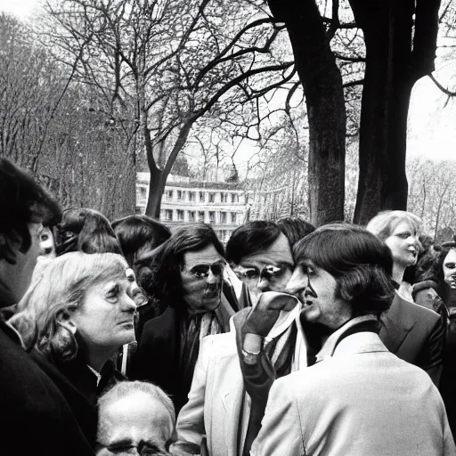 Prompt: 35mm photograph of Marcel Proust exiting a time machine in the middle of Luxembourg Gardens, Paris, 1973, in front of a stunned crowd