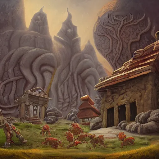Image similar to a village built on the god of nyarlathotep, toad - like creatures that seemed to change their shape and appearance constantly, and from which emanated, in some way that i am unable to distinguish, a horrible hooting, a kind of flute. oil painting, digital art, ultradetailed, artstation