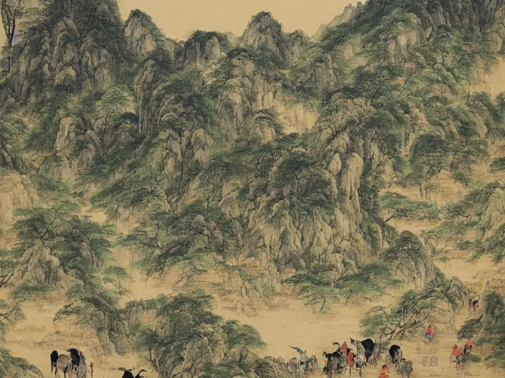 Prompt: landscape painting by shenzhou 沈 周, mountains, karst, waterfalls, peasants working, farm animals, ox, long stairs through the hills, ponds