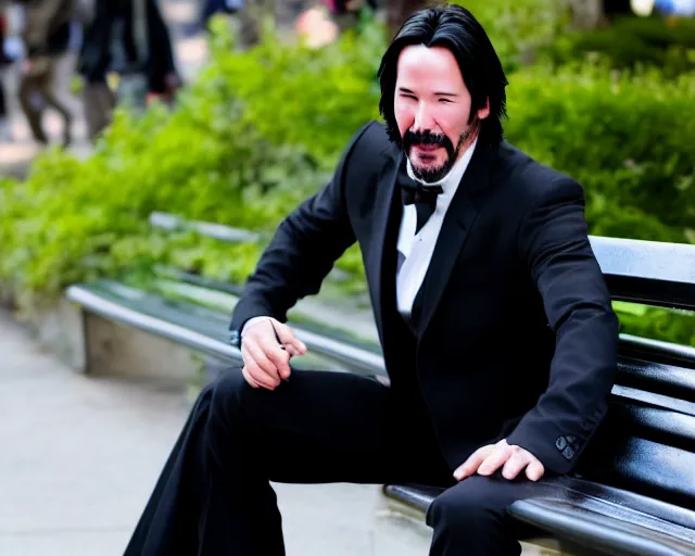 Prompt: photo of happy keanu reeves in jeans and black tux jacket sitting on a bench in the street. dof. lifelike. ultra detailed. intricate. soft light. nikon d 8 5 0.