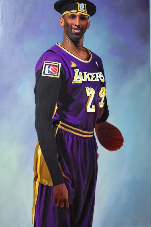 Prompt: full body portrait of the dictator of the los angeles lakers, 1 8 8 9, in full military garb, kobe bryant, oil on canvas by william sidney mount, trending on artstation