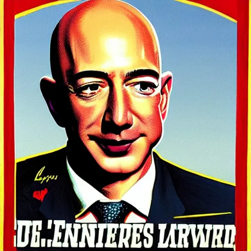 Prompt: Jeff Bezos depicted in an old style propaganda poster