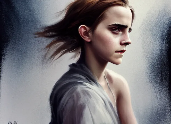 Prompt: emma watson white dress girl chasing from grim reaper, messy hair, messy lines, scared face, dramatic situation, specular reflection, occlusion shadow, intricate, bokeh, by ilya kuvshinov and jeremy lipking and quentin mabille