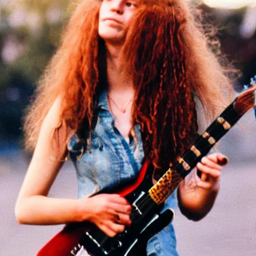 Prompt: 19-year-old woman holding electric guitar, long shaggy red hair, permed hair, stoner rock concert, grunge concert, 1993, VHS quality