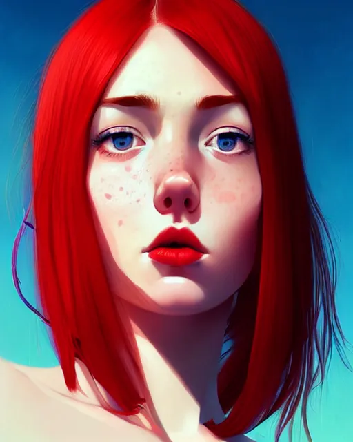 Image similar to a detailed portrait of a cute!!!! woman with red hair and freckles by ilya kuvshinov, digital art, dramatic lighting, dramatic angle