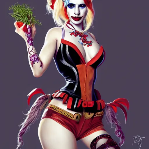 Image similar to Emma Roberts as Harley Quinn dressed with vegetables, western, D&D, fantasy, intricate, elegant, highly detailed, digital painting, artstation, concept art, matte, sharp focus, illustration, art by Artgerm and Greg Rutkowski and Alphonse Mucha