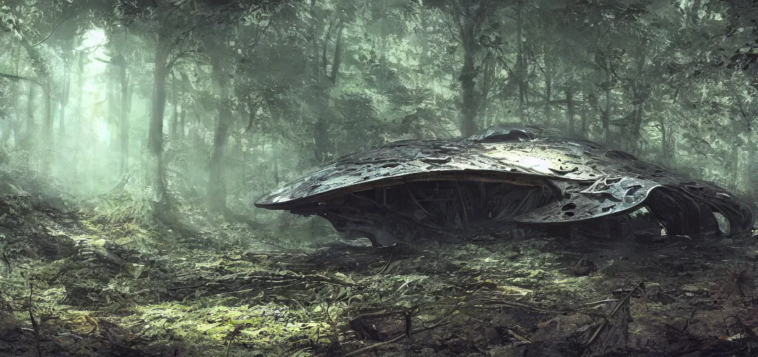 Image similar to an alien spaceship half-buried in the woods, by Craig Mullins, cinematic lighting, concept art, trending on artstation