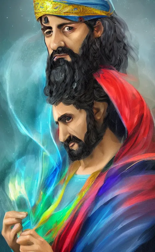 Prompt: fantasy painting of a charming sorcerer of middle - eastern descent, dressed in fine colorful robes and sporting a goatee, smirking, digital painting by barret frymire by artem priakhin, high resolution 4 k