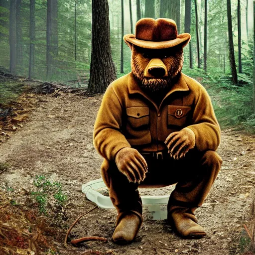 Prompt: UHD canndid photo of Smokey The Bear squatting on a bidet in the woods, by Annie leibowitz, photorealisitc, extremely detailed