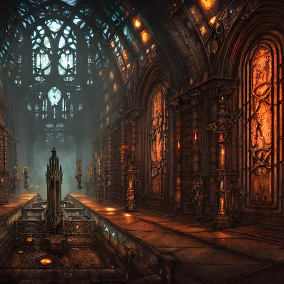 Image similar to steam necropolis, memento mori, gothic, neo - gothic, art nouveau, hyperdetailed copper patina medieval icon, stefan morrell, philippe druillet, ralph mcquarrie, concept art, steampunk, unreal engine, detailed intricate environment, octane render, moody atmospherics, volumetric lighting, ultrasharp, ominous, otherworldly