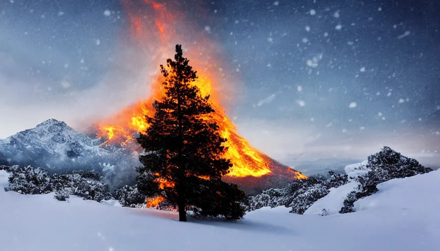 Image similar to a snow covered mountain with a single burning tree at the top of the snowy mountain, tree on fire on a snowy mountain top, landscape art, concept art, highly detailed, dramatic landscape, contrast lighting