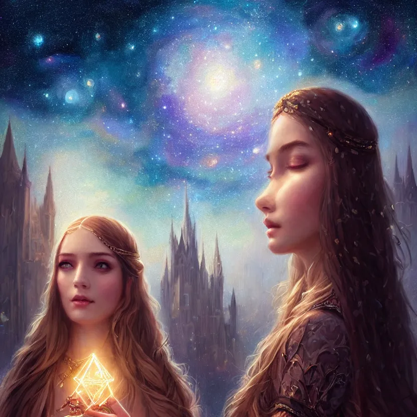 Prompt: masterpiece portrait charming and miracle female luxury astromancer boho accessories in dreamlike movie, high detailed face, art by artgerm, greg rutkowski, sasoura, satchely, big major starry sky and city in background, uhd, medium long shot, fantasy, no distorsion, sharp focus, 8 k,