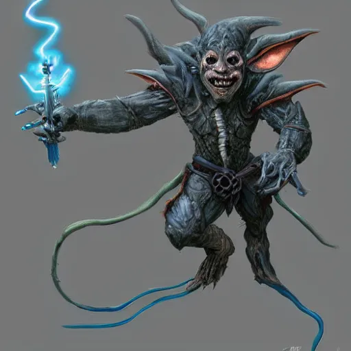 Image similar to a highly detailed flying goblin with grey skin and blue eyes that glow, grey background, surrounded by wind, like magic the gathering, goblin chainwalker, digital art, by christopher rush