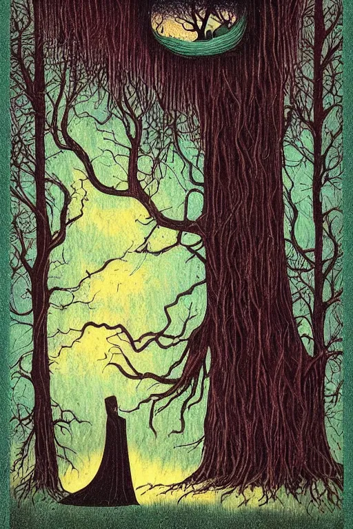 Image similar to tarot card, haunted woods, Art nouveau, by andy kehoe