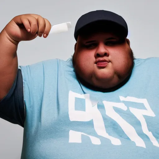 Prompt: obese young man with a t-shirt and cap with the letter P, drawing a comic