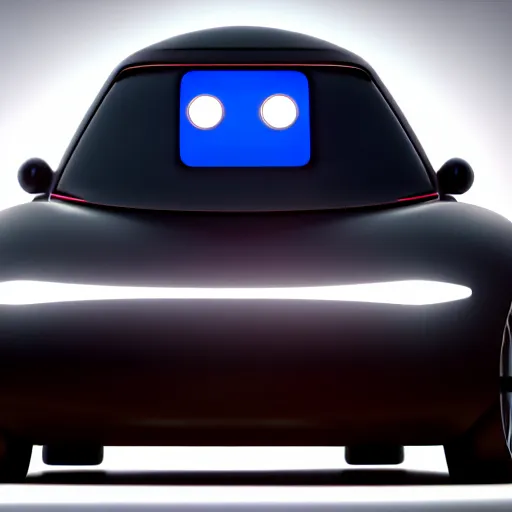 Image similar to a cute little robot of front of a car. super realistic 8 k render of a dark hooded powerful elegant, cinematic composition
