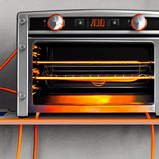 Prompt: toaster oven suspended by lots of metallic cables, symmetry, dark messy smoke - filled cluttered workshop, dark, dramatic lighting, orange tint, sparks, cinematic, highly detailed, sci - fi, futuristic, movie still