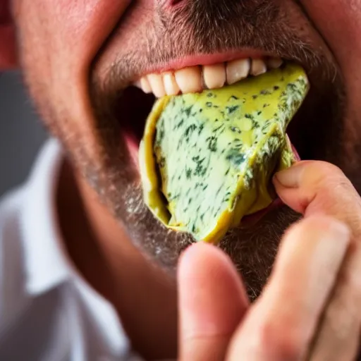 Prompt: closeup of a man tasting a stinking old green cheese