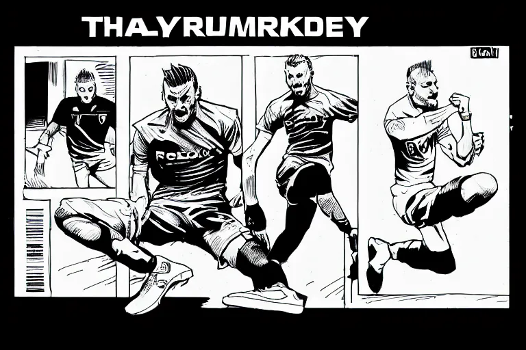 Prompt: jamie vardy scoring a goal, a page from cyberpunk 2 0 2 0, style of paolo parente, style of mike jackson, adam smasher, johnny silverhand, 1 9 9 0 s comic book style, white background, ink drawing, black and white