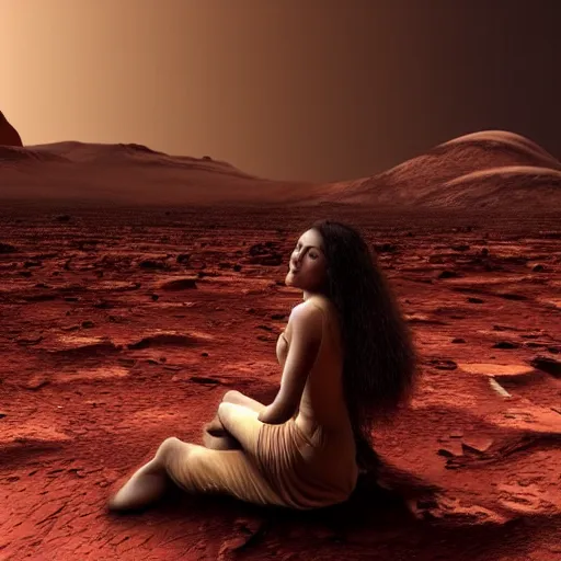 Prompt: Still of a woman with gorgeous flowing hair on Mars, sitting on a Martian rock, reddish atmosphere with detailed highlights, dark gloomy sky cascading upon the atmosphere, well-detailed ornate Martian mountains in the background, trending on artstation, 4k, 8k