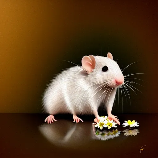 Image similar to photo realistic white rat holding a flower cinematic composition, hyper realism, cute