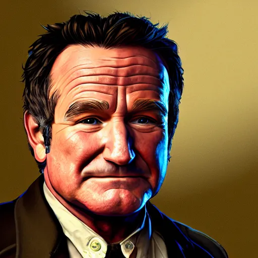 Image similar to Portrait of a Robin Williams in GTA V , art by Albert Bierstadt and James Gurney, highly detailed, digital painting, matte painting, concept art, illustration, oppressive lighting, trending on artstation, very detailed