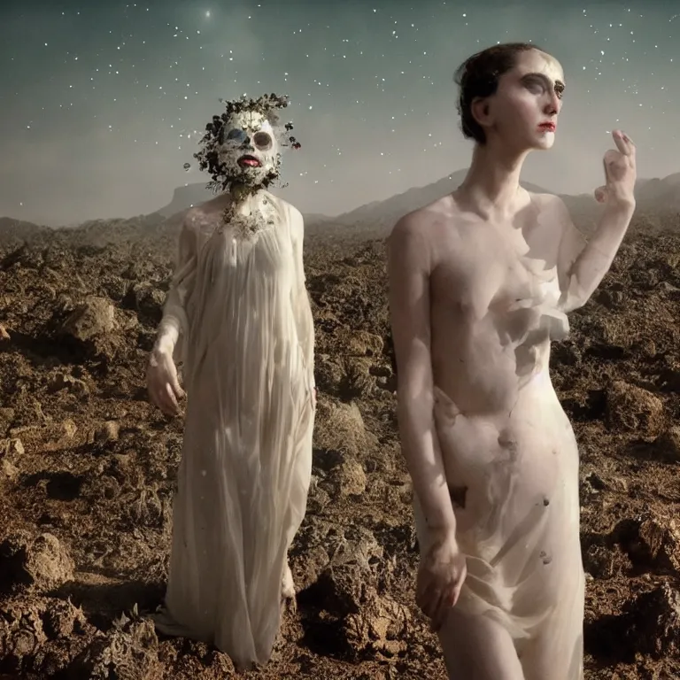 Image similar to The full body shot of delicate renaissance beautiful pale woman with many flowers and full-face black mask with glowing halo, a thick black smoke in rocky desert landscape, glowing eyes, falling star on the background, burning earth by Christopher Doyle, Gaspar Noe, Tarkovsky, Alejandro Jodorowsky, anamorphic lens, volumetric lighting, global illumination, physically based rendering, photorealistic, top light, cinematic composition, award winning photo, 8k