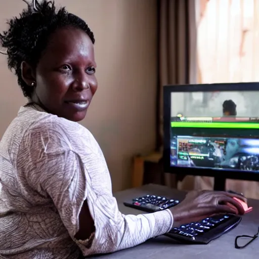 Image similar to A Kenyan businesswoman playing CS:GO on her computer, over the shoulder view