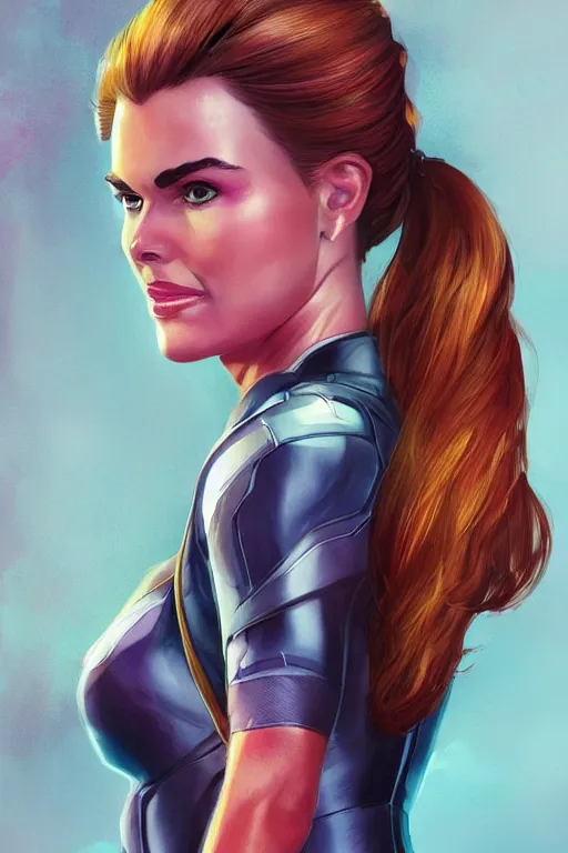 Image similar to portrait of a mix of young maria shriver, mariel hemmingway, brooke shields and elle macpherson as a marvel super hero, thin lips, hair tied up in a pony tail, colorful artstation, cgsociety