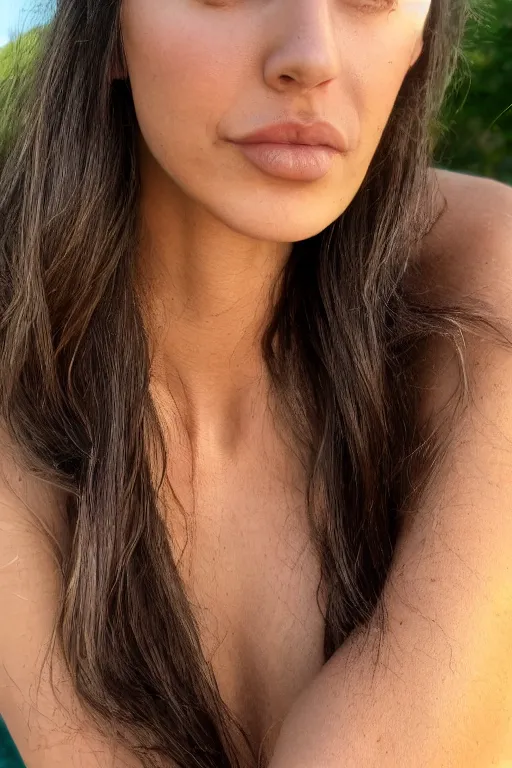 Prompt: olive skinned female model in her thirties, wearing sundress, looking content, focused on her neck, photo realistic, extreme detail skin, natural beauty, no filter, slr, golden hour, 4 k, high definition, selfie