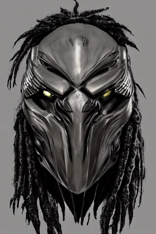 Image similar to predator 1 9 8 7 masked face redesign, portrait, highly detailed, black smooth dreads, mandables, digital painting, trending on artstation, concept art, illustration