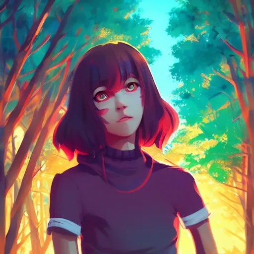 Image similar to portrait of rachel maksy, forest background, rich vivid colors, ambient lighting, dynamic lighting, 4k, official media, anime key visual, makoto shinkai, ilya kuvshinov, lois van baarle, rossdraws, detailed, trending on artstation