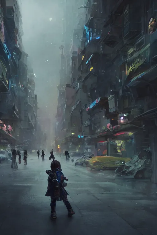 Image similar to a portrait of a small person wearing a katana in the middle foreground walking in the street of a sci-fi city by Greg Rutkowski, Sung Choi, Mitchell Mohrhauser, Maciej Kuciara, Johnson Ting, Maxim Verehin, Peter Konig, final fantasy , mythical, 8k photorealistic, cinematic lighting, HD, high details, atmospheric,