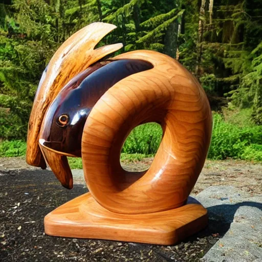 Prompt: wooden sculpture of an astronaut catching salmon, polished maple, thoughtful, elegant, real