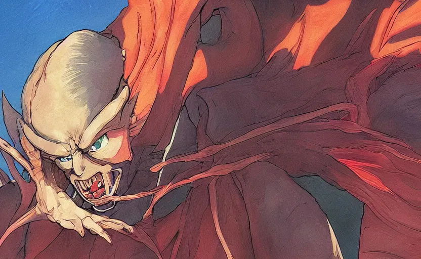Image similar to the demon awoke from its slumber beneath the bed frame, digital painting masterpiece, haunting beautiful brush strokes, painted by Moebius and Hayao Miyazaki and Akira Toriyama