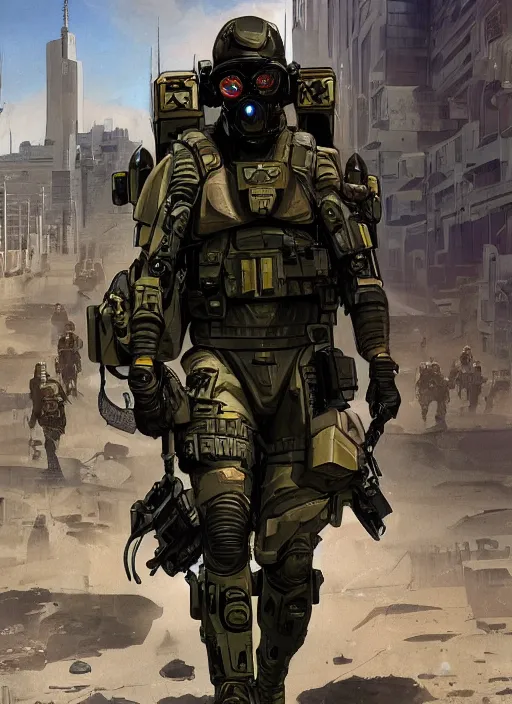 Prompt: Ezra. USN special forces futuristic recon operator, cyberpunk military hazmat exo-suit, on patrol in the Australian autonomous zone, deserted city skyline. 2087. Concept art by James Gurney and Alphonso Mucha. (mgs, rb6s)