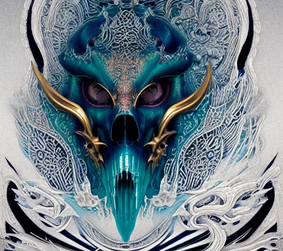 Prompt: 3 d close - up coherent symmetrical aesthetic satanic goddess water waves human skull, beautiful detailed japanese crow kitsune mask and classical japanese kimono highly detailed. iridescent accents. by wlop, tooth wu, greg rutkowski, alena aenami, beeple, octane render, ultra realistic. high contrast. teal, gold, black, white