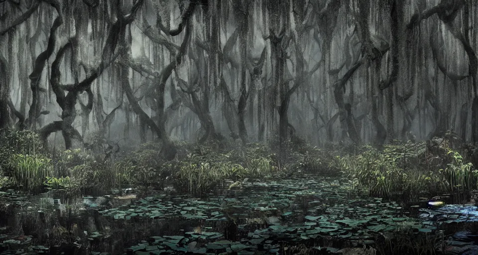 Prompt: A dense and dark enchanted forest with a swamp, with Cry engine