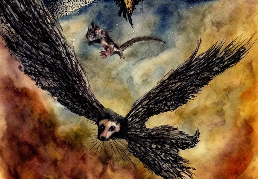 Image similar to gorgeous winged possum flying over a medieval castle under a dark starred sky, dark fantasy, watercolor, dreaming illusion, highly detailed, 4k, trending on Artstation, award-winning