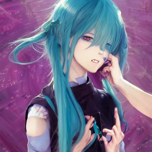 Image similar to hatsune miku eating small boy with back hair and blue purple eye, anime style, hyper detailed, illustration, digital painting, art by artgerm and greg rutkowski and alphonse mucha, high delicate defined details, anime stylized, highly detailed