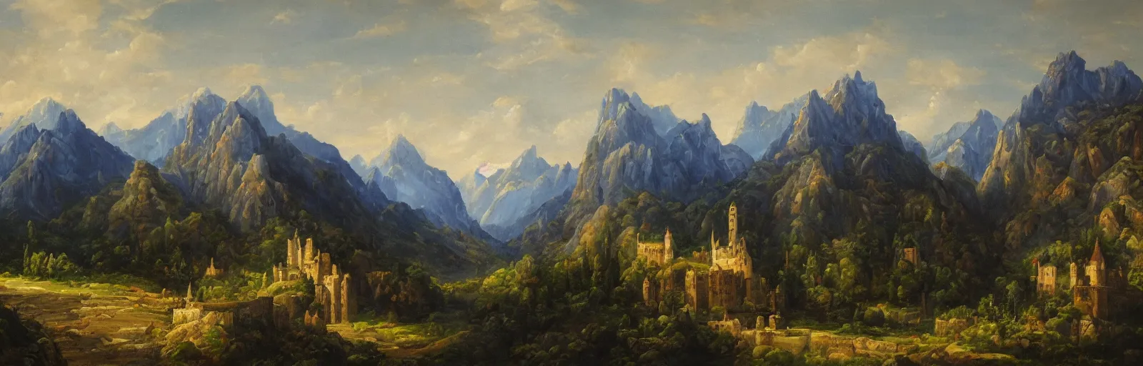 Image similar to landscape painting of multiple large castles connected,mountains,oil canvas,by Paul Bril,masterpiece,high quality,pretty,fantasy