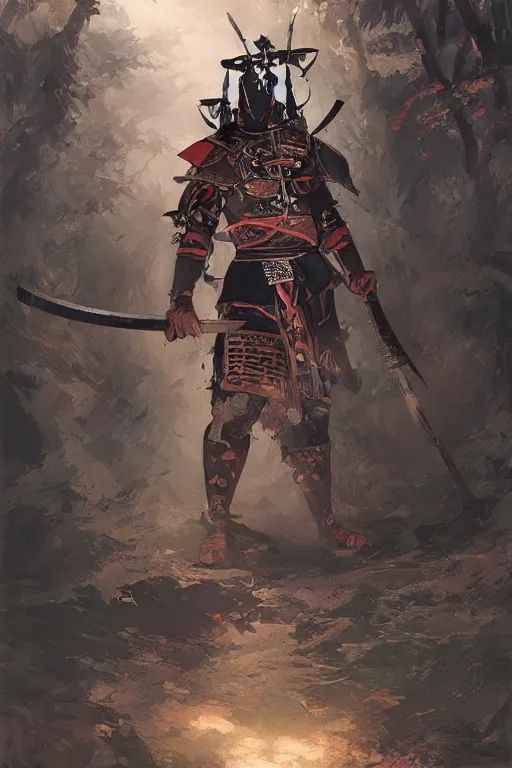 Image similar to a warrior in an epic samurai armor in dark japanese bamboo forest with light shafts, by jesper ejsing and maciej kuciara