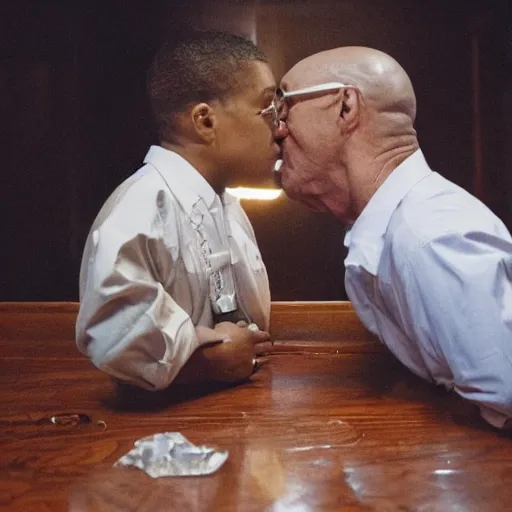Prompt: walter white kissing gus fring, 8k , professional photography