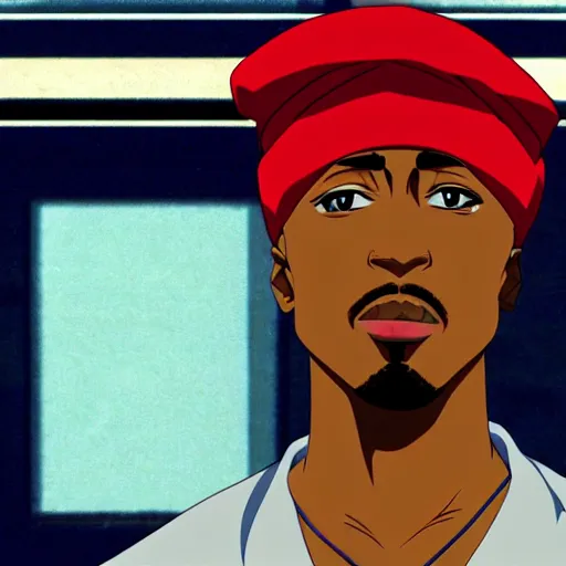 Image similar to Tupac Shakur, screenshot from a 2012s anime