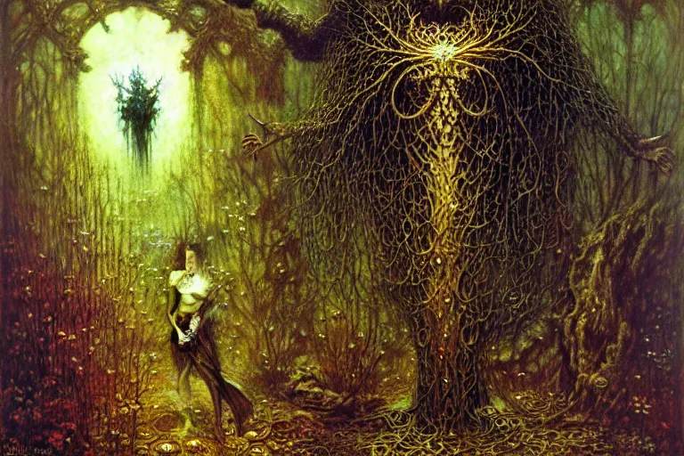 Image similar to knight in enchanted lovecraftian garden by jean delville, luis royo, beksinski, grimshaw