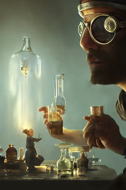 Prompt: An Alchemist inspecting a potion in his hand with goggles on by Greg Rutkowski, 4k photorealistic, volumetric lighting, HD, high details, dramatic, trending on artstation