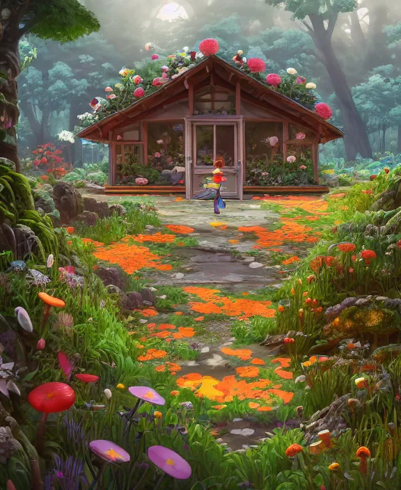 Image similar to a simple, whimsical school made from flowers, overgrown with huge exotic fungus, deep in the woods, cheerful, partly cloudy, by dan mumford, yusuke murata, makoto shinkai, ross tran, dreamy, cinematic, unreal engine, cel shaded, featured on artstation, pixiv