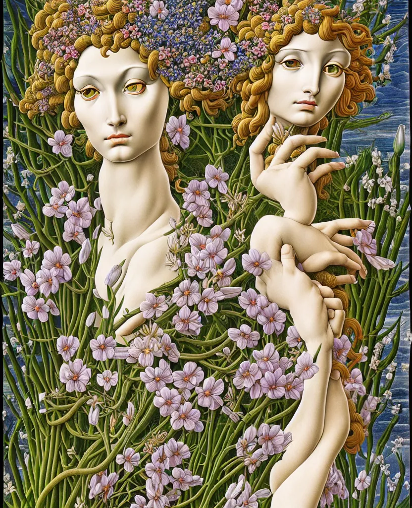 Image similar to the deity of Spring, made entirely out of flora and fauna, in a style combining Botticelli, Möbius and Æon Flux, surrealism, stunningly detailed artwork, hyper photorealistic 4K, vivid and perfect colors, very fine inking lines