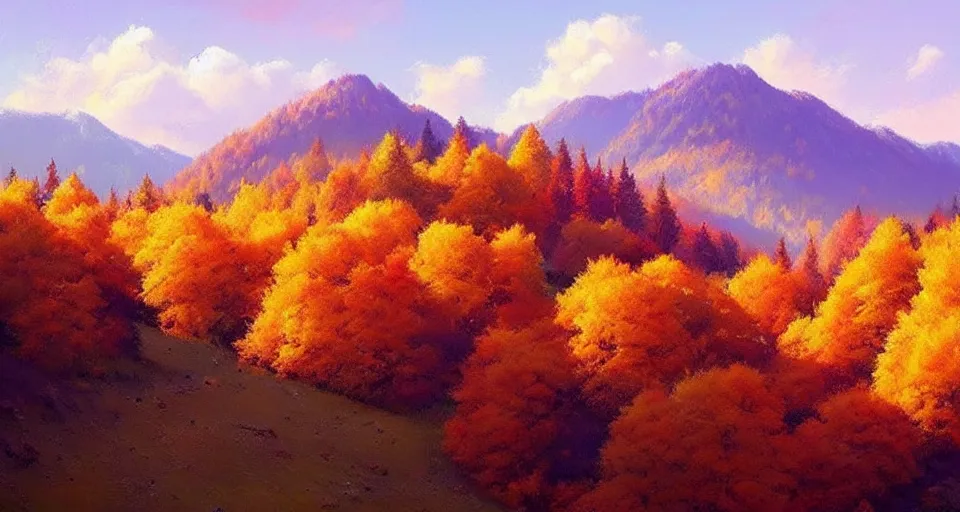 Image similar to (((((a gorgeous hillside in the autumn, trees, mountains))))) by Sylvain Sarrailh!!!!!!!!!!!!!!!!!!!!!!!!!!!