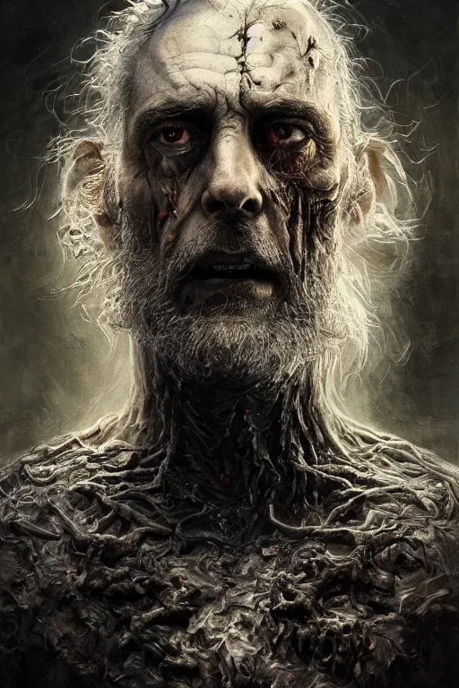 Image similar to realistic portrait of beautifully crystalized and detailed portrait of a zombie old man, matte painting of cinematic movie scene red dragon, horror, created by gustave dore and greg rutkowski, high detailed, smooth draw, synthwave neon retro, intricate, realistic proportions, dramatic lighting, trending on artstation.